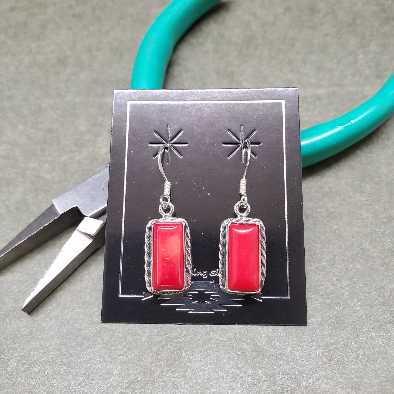 Rectangular Red Earrings Long Rectangle Shape Red Coral Dangle Earrings Sterling | Etsy