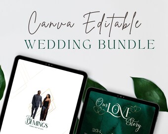 Minimalistic Green & Gold Wedding Bundle Set with Seating Chart/Welcome Sign,Instant Download,Editable Canva Template|Printable DIY Template