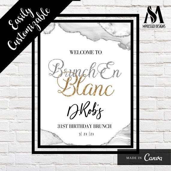 Brunch En Blanc Welcome Sign Template / Editable Silver and Gold Entrance Sign / Printable File Il_570xn