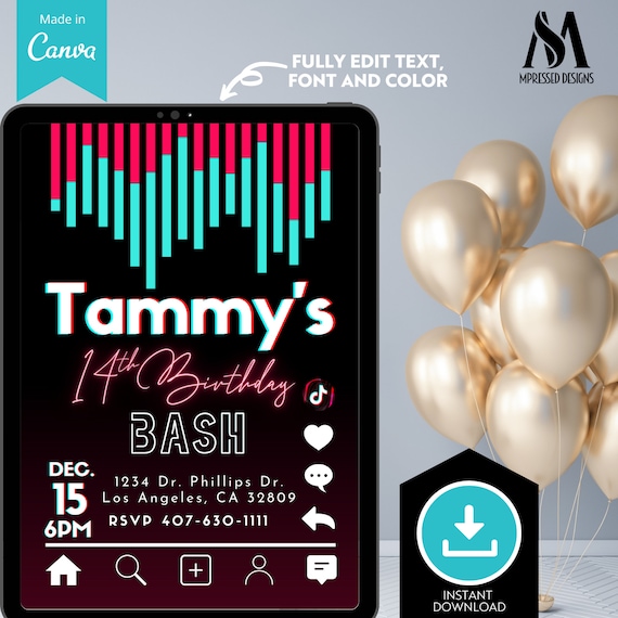 Instant Download TikTok Birthday Invitation Tik Tok Party Invite Custom Invite Tik Tok Inspired Party Matching Chipbag, waterbottle labels Il_570xn