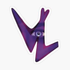 May include: A sticker featuring a stylized purple lightning bolt shape with a human eye visible within the design. The eye is blue and the lightning bolt has a white border.