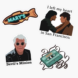 May include: A collection of stickers featuring various designs. One sticker shows a neon sign that reads "MARY'S" above a fish. Another depicts two men with the text "I left my heart in San Francisco." Other stickers include a man with sunglasses and a cassette tape.