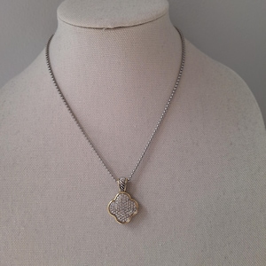 Four leaf Silver necklace, Two tone clover with crystal stone, 18" long