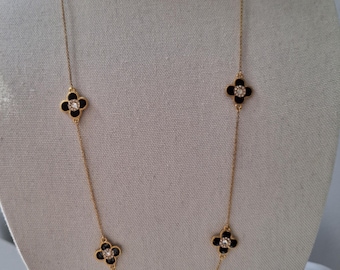 Gold  long necklace, Black flower/clover with crystal stone, 36" long