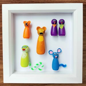 Handmade Bear in the Big Blue House Peg Doll in Shaddow Box, Tutter, Pip and Pop the otter, Big Bear, Treelo the lemur, Ojo