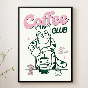 キャットコーヒークラブキッチンプリント、キッチンポスター、コーヒープリント、手描きキッチンプリント、友人へのギフト、コーヒー愛好家キッチンウォールアートコーヒーアート
