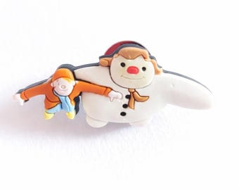 Vintage Snowman & Child Christmas Pin Brooch – Winter Holiday Enamel Style Pin