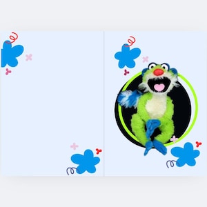 Download instantâneo Urso na grande casa azul TREELO cartão de aniversário para crianças cartão de aniversário de desenho animado especial pensativo LEMUR