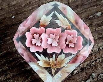 Broche Ancienne En Lucite Plexi - Motif Fleurs Et étoile, Blanc, Bijou Vintage Charmant