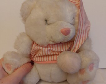 Vintage teddy bear , 80s 90s cream and pink toy in striped pajamas / Easter  gift idea / birthday gift