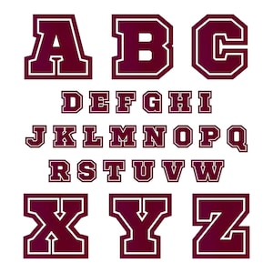 May include: A complete alphabet in a maroon color with a white outline, displayed on a white background. The letters are in a bold, collegiate style, perfect for creating custom designs or personalized items. The letters are in uppercase.