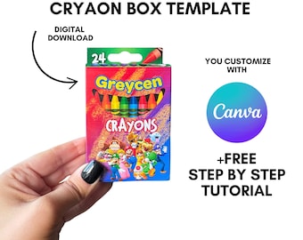 May include: A box of 24 crayons with the brand name "Greycen" in a red, yellow, and blue box. The box features cartoon characters and the text "Ready to Customize Cryaon Box Template". Includes a digital download and Canva customization.