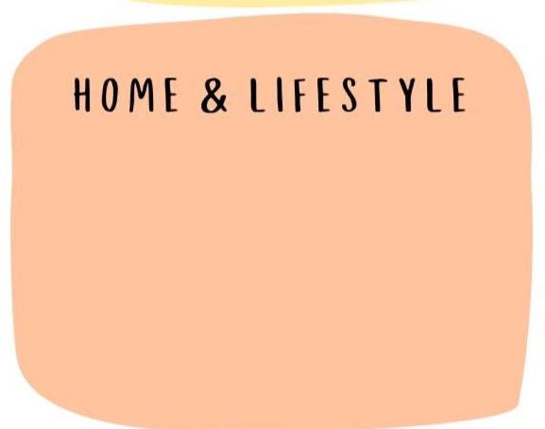 May include: A peach-colored rectangular graphic with rounded corners and the words "HOME & LIFESTYLE" in black, sans-serif font. The graphic is set against a white background with a yellow curved shape at the top.