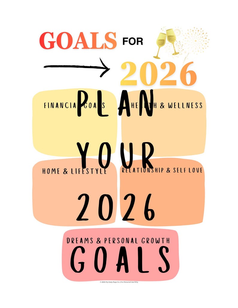 May include: A colorful graphic with the words "GOALS FOR 2026" and "PLAN YOUR" in large black letters. The graphic includes sections for financial goals, health and wellness, home and lifestyle, relationship and self love, and dreams and personal growth.