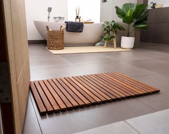 Nordic Style Teak Wood Roll-up Shower/Bath/Outdoor Mat String 31.4″ x 19.6″