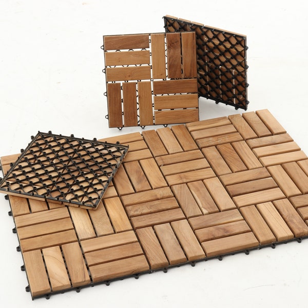 Nordic Style Interlocking Natural Teak Wood Flooring Tiles 12 slats, 10 pcs per box (10 sq ft)