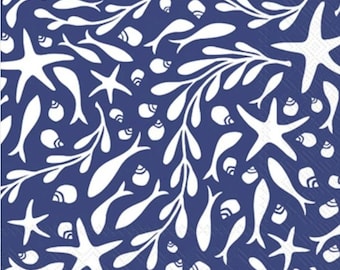 Decoupage Napkins- Blue White Star Fish Seashells Paper Napkins- Set of 3- Cocktail Size