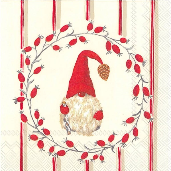 Decoupage Napkins- Christmas Gnome Paper Napkins- Set of 3- Cocktail Size