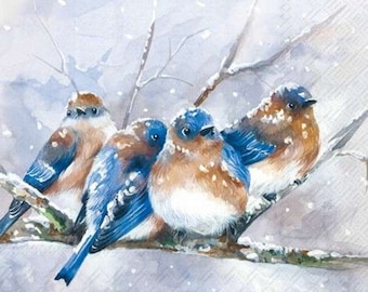 Decoupage Napkins- Christmas Blue Birds on Branch Paper Napkins- Set of 3 - Cocktail Size