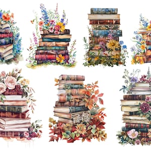 May include: A watercolor illustration of ten stacks of books with various flowers and greenery surrounding them. The books are in shades of brown, red, and blue, and the flowers are in shades of pink, yellow, and purple.