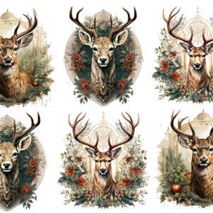 May include: Watercolor illustrations of deer with large antlers, surrounded by floral arrangements and architectural elements. The deer are depicted in a realistic style with a warm color palette, including browns, greens, and reds. The images have a vintage, artistic feel.