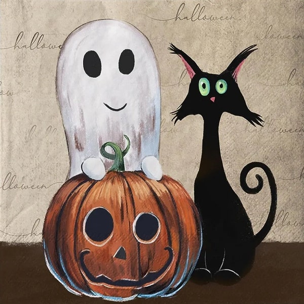 Decoupage Napkins- Halloween Cat Ghost Jack O Lantern Paper Napkins- Set of 3 - Luncheon Size