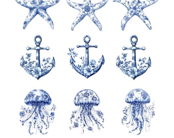 Rice Paper for Decoupage / Blue White Chinoiserie Beach Crab Jellyfish Anchor Starfish / 1 Rice Paper / A4 / A5 / Customizable