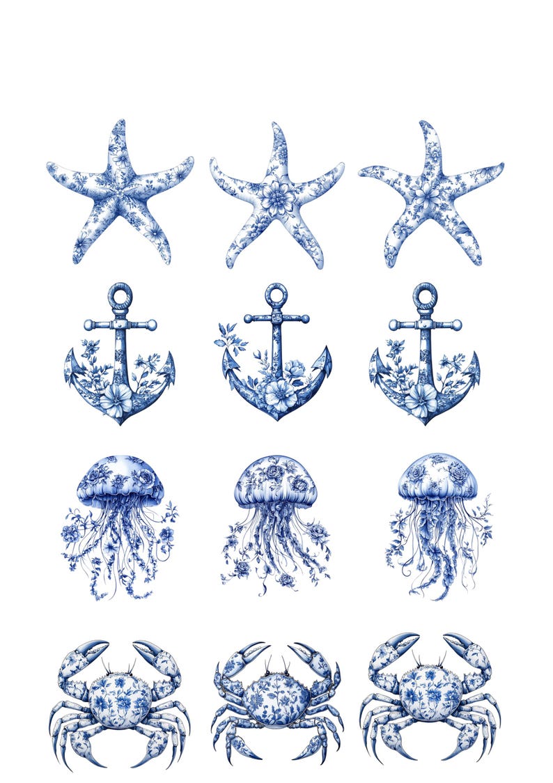 Rice Paper for Decoupage / Blue White Chinoiserie Beach Crab Jellyfish ...