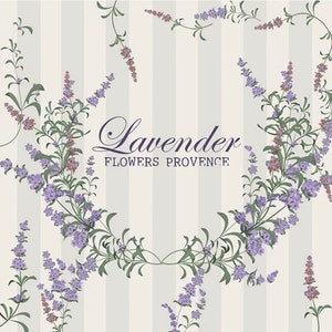 May include: A white background with vertical gray stripes features a floral design of lavender flowers in shades of purple and green. The text "Lavender Flowers Provence" is centered in the image.