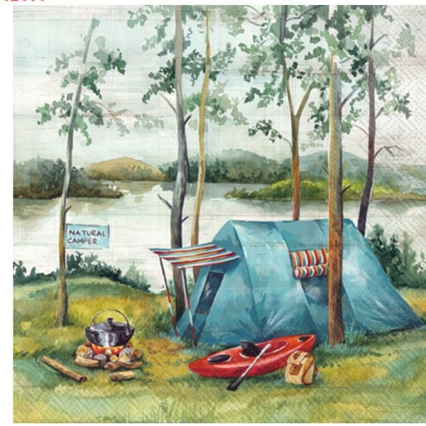 Decoupage Napkins- Camping Kayak Tent Paper Napkins- Set of 3- Cocktail Size