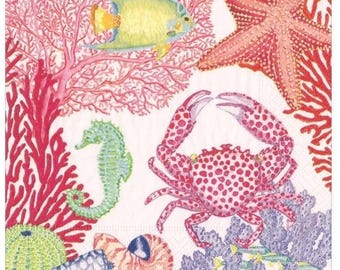 Decoupage Napkins - Ocean Crab Coral Paper Napkins - Set of 3 - Cocktail Size