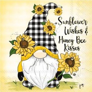 May include: A yellow and black checkered gnome with a white beard holds a sunflower. The gnome is wearing a yellow hat and has a sunflower on its hat. The background is yellow with the text "Sunflower Wishes & Honey Bee Kisses".