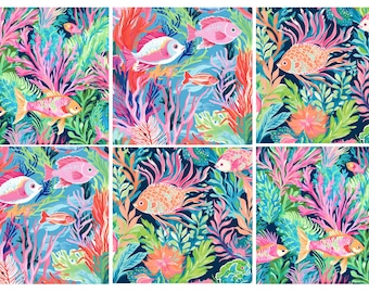 May include: A vibrant, colorful illustration featuring fish and coral. The artwork showcases various fish in shades of pink, orange, and white, swimming amidst coral and aquatic plants in shades of pink, green, and blue. The overall theme is marine life.