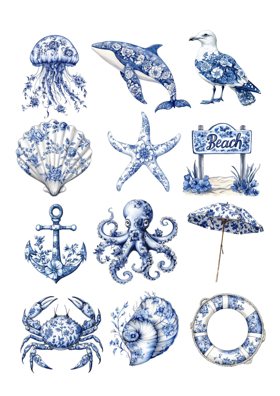 Rice Paper for Decoupage / Blue White Chinoiserie Beach Coastal Octopus ...
