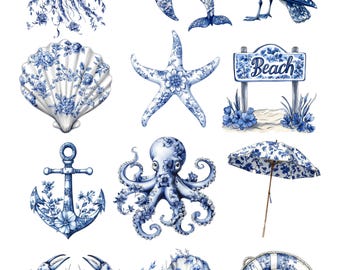 Rice Paper for Decoupage / Blue White Chinoiserie Beach Coastal Octopus Crab Whale / 1 Rice Paper / A4 / A5 / Customizable