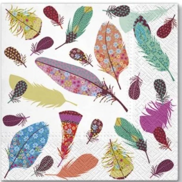 Decoupage Napkins- Feathers Paper Napkins- Set of 3 - Luncheon Size