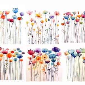 May include: Six watercolor paintings of colorful flower bouquets with thin stems and delicate petals. The flowers are arranged in a vertical line and are painted in shades of pink, blue, purple, yellow, and orange.