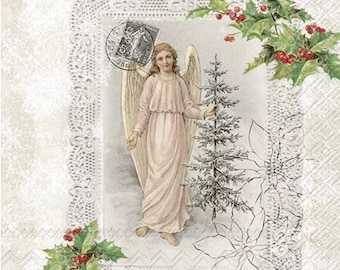 Decoupage Napkins- Vintage Christmas Angel Paper Napkins- Set of 3 - Luncheon Size