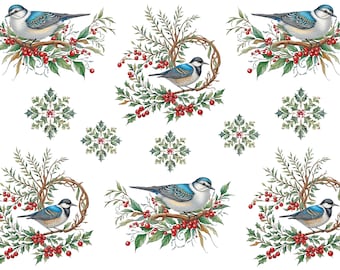 Rice Paper for Decoupage / Christmas Birds Blue Birds Winter Holly Snowflakes / 1 Rice Paper / A4 / A5 Customizable