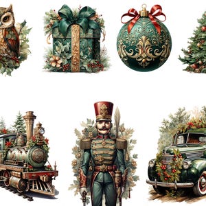May include: Watercolor illustrations of Christmas-themed objects. Includes an owl, a wrapped gift, a decorated ornament, a Christmas tree, a train, a toy soldier, and a vintage pickup truck, all with festive decorations.