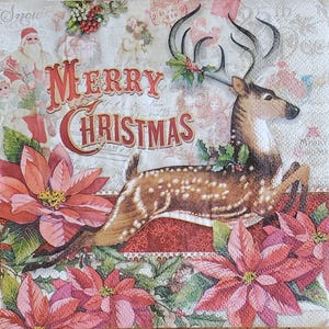 Decoupage Napkins- Christmas Reindeer Paper Napkins- Set of 3 - Luncheon Size