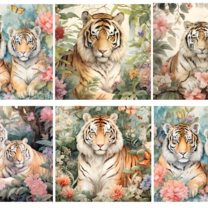 May include: Watercolor paintings of tigers in a floral setting. The tigers have orange and black stripes, with a serene expression. The background features pink and yellow flowers, green foliage, and butterflies. The artwork has a soft, dreamy quality.