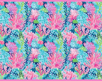 May include: A vibrant, repeating pattern featuring coral reef elements. The design includes pink, teal, and purple coral against a dark blue background, with a pink border. The overall theme is marine life.