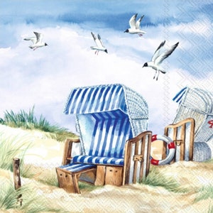 Decoupage Napkins- Seagull Beach Scene Chairs Paper Napkins- Set of 3- Cocktail size
