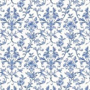 May include: A seamless pattern featuring a classic blue and white floral design. The pattern showcases detailed illustrations of flowers, leaves, and scrolling vines, creating a traditional and elegant aesthetic. The design is suitable for wallpaper or fabric.