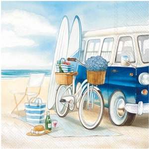 Decoupage Napkins- Camper Surfing Beach Paper Napkins- Set of 3 - cocktail