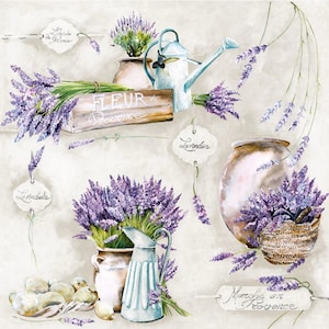 May include: A watercolor painting of lavender flowers in various arrangements. The flowers are in a wooden box, a ceramic pot, a metal watering can, and a wicker basket. The painting has a vintage aesthetic and features the text "Fleur de Provence" and "Marché en Provence".