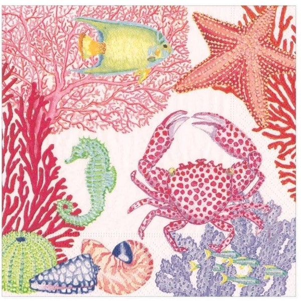 Decoupage Napkins - Ocean Crab Coral Paper Napkins - Set of 3 - Cocktail Size