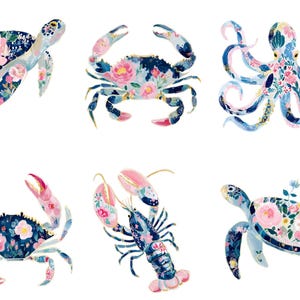 May include: A collection of six marine animals including two sea turtles, two crabs, an octopus, and a lobster. Each creature features a dark blue base color decorated with intricate pink, white, and green floral patterns across their bodies.