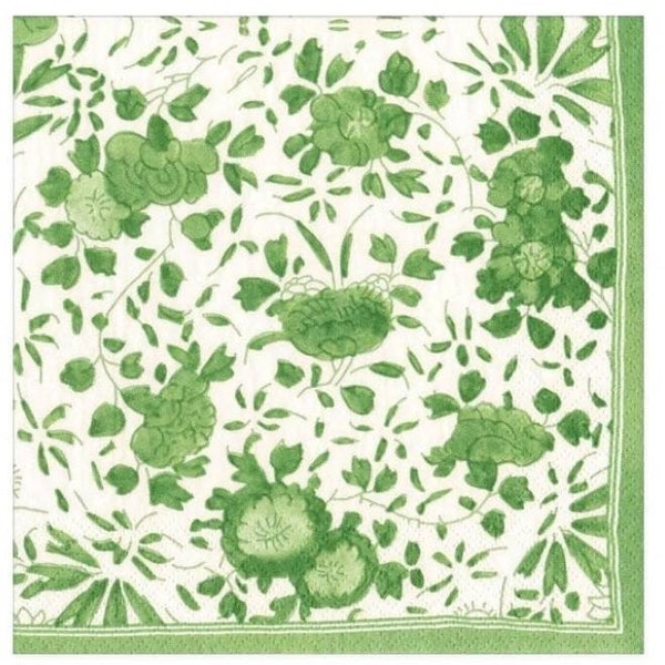 Decoupage Napkins- Green Delft Flowers Paper Napkins- Set of 3- Cocktail Size